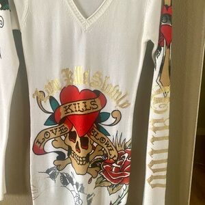 Ed Hardy White V-Neck Sweater with Red and Gold Accents